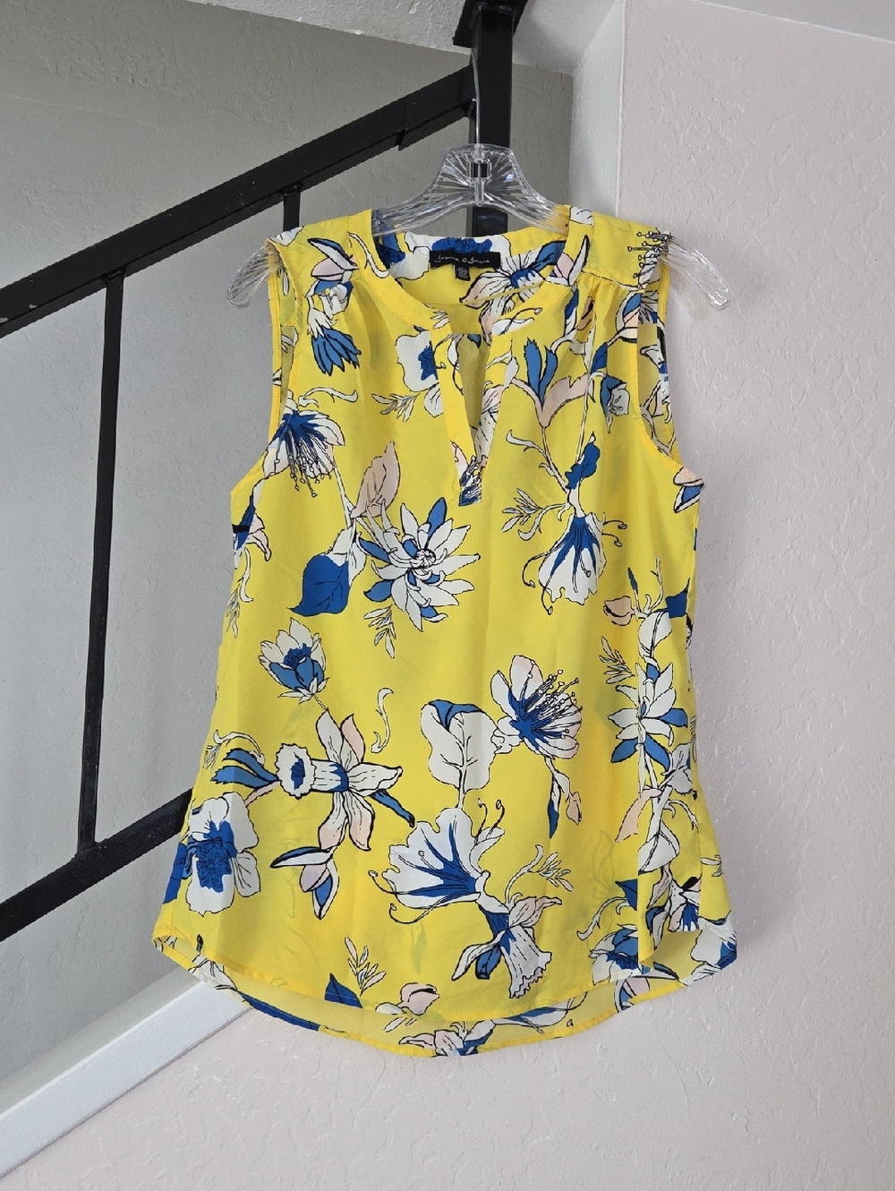 Jasmine & Juliana Yellow Floral Sleeveless Tank with Blue & Cream Blooms